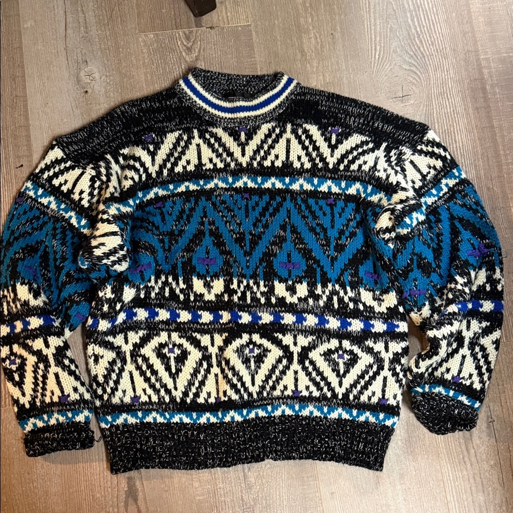Men's Grandpa Black and Blue Patterned Sweater